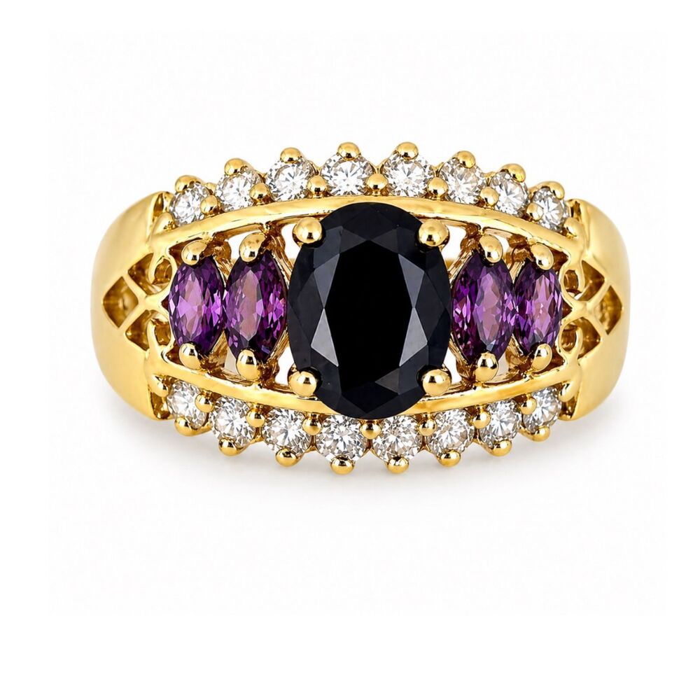 Vintage 1980s Ring Size 9 Purple CZ Cluster Pave Gold Plated Band - 14J